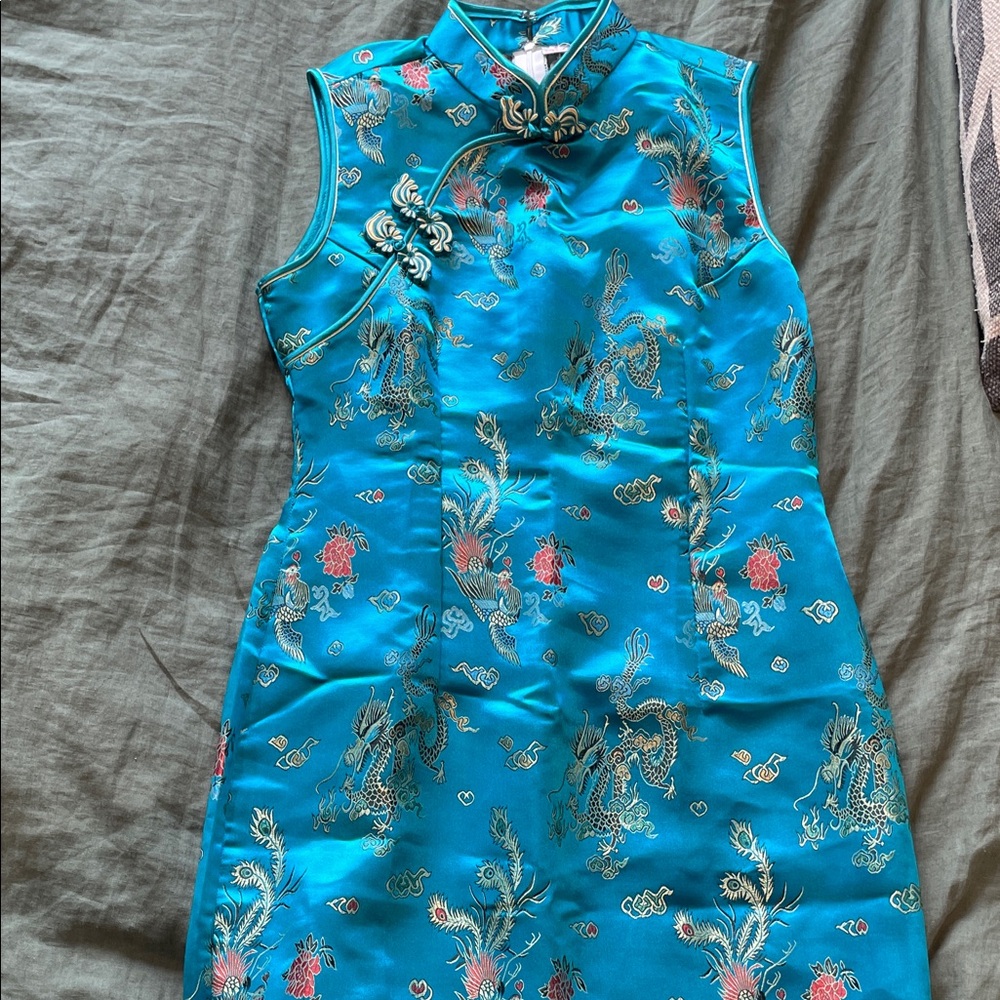 Vintage Turquoise Satin Floral Dragon Cheongsam Dress